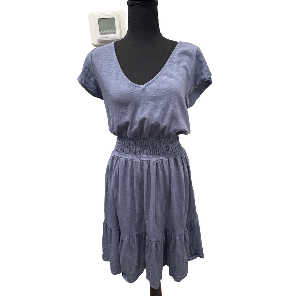 Dylan Blue Cotton Smocked Waist Dress XS V Neck Tiered Flutter Sleeve Boho